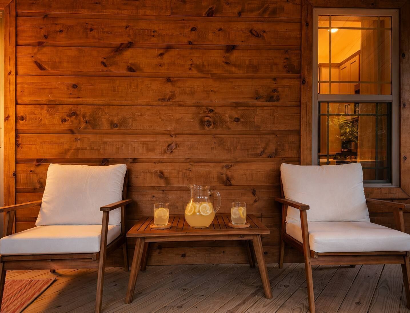 L’intérieur d’un chalet accueillant, avec deux chaises en bois, une petite table en bois et une fenêtre donnant sur l’intérieur.