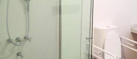 Un baño con cabina de ducha de vidrio, inodoro y bidé.