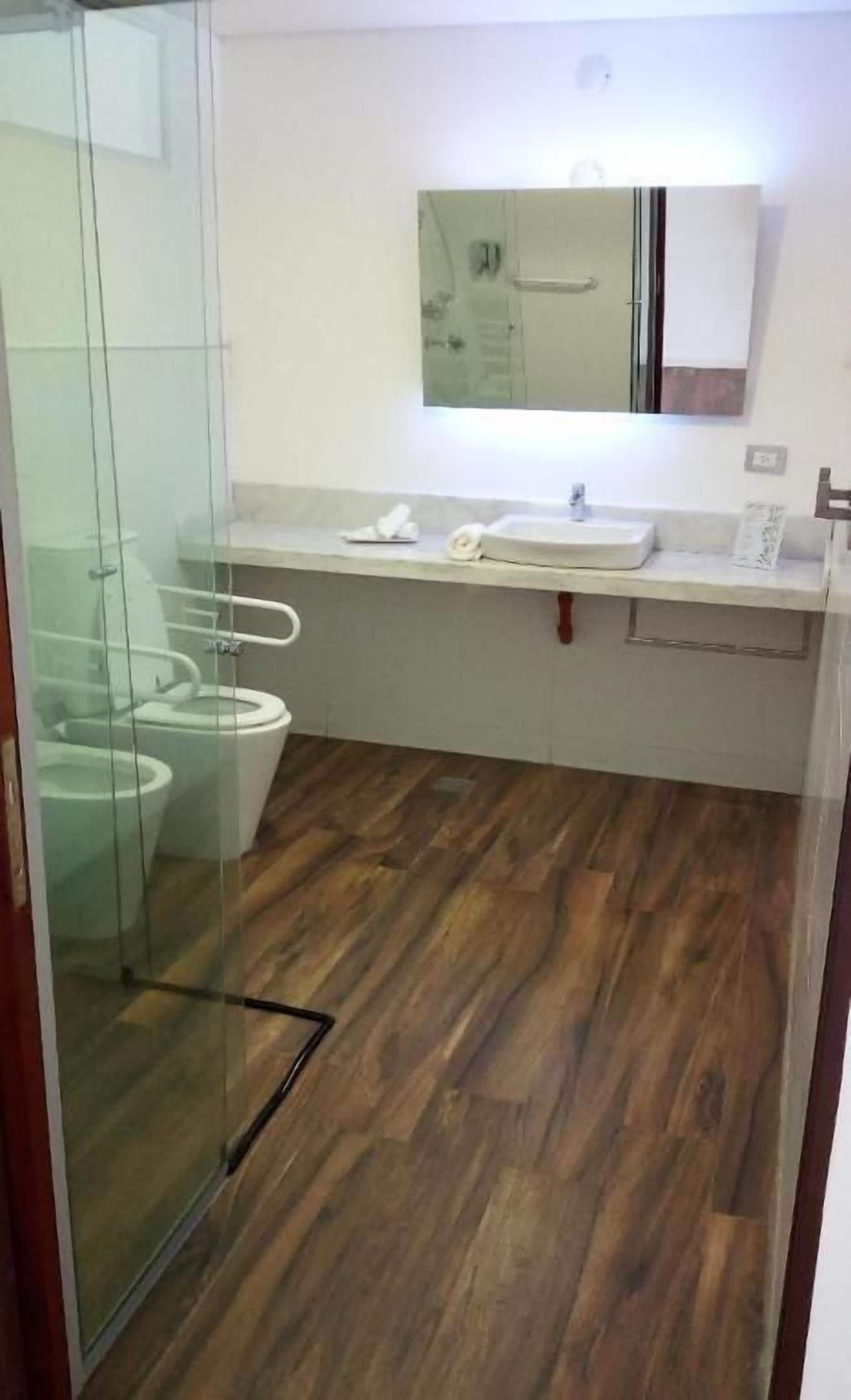 A bathroom with a glass shower enclosure, a white sink, and a mirror above it.