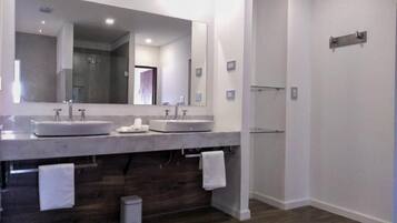 A modern bathroom with two sinks, a large mirror, and a shower area.