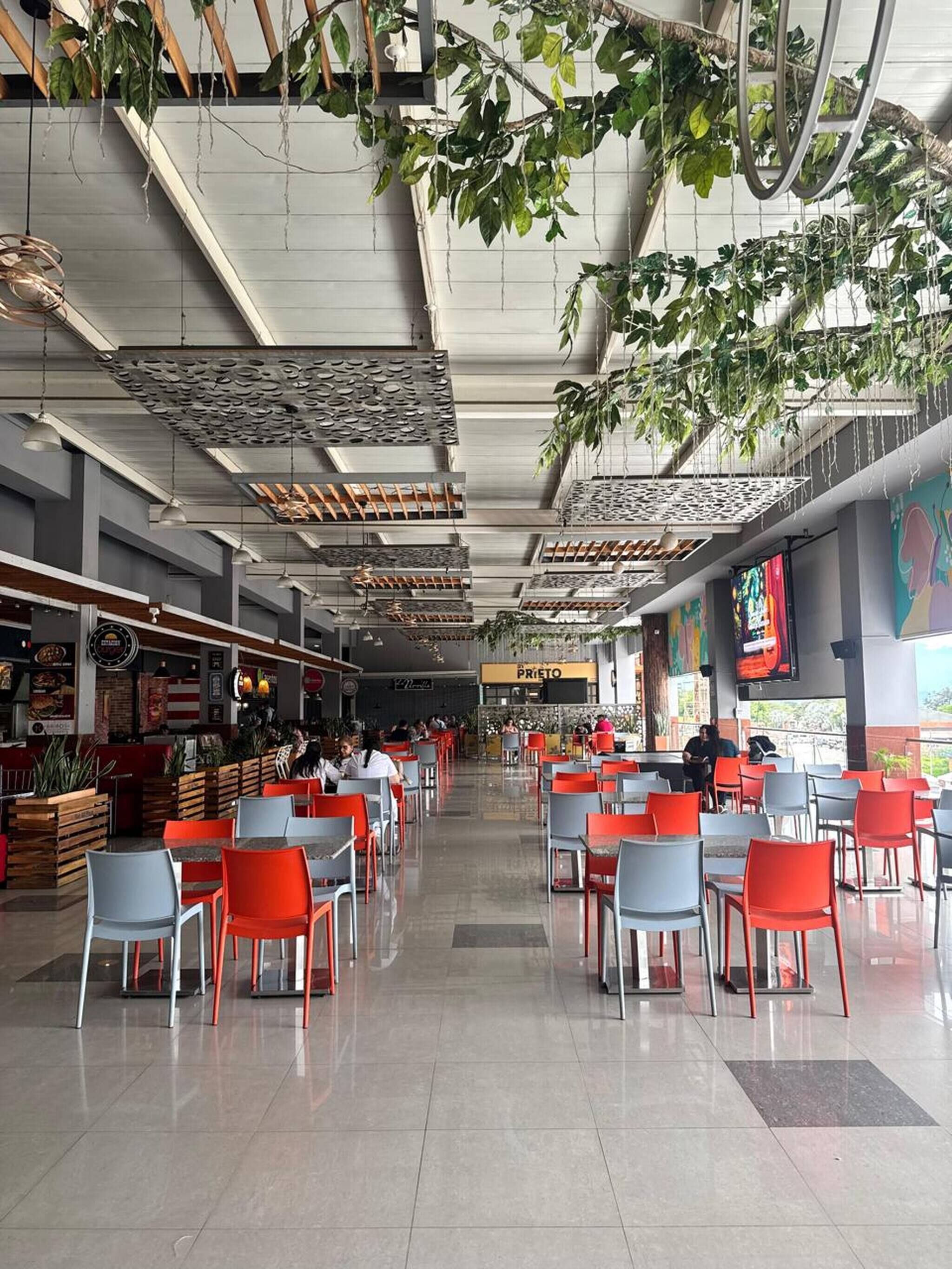 A spacious indoor dining area with multiple tables and chairs, a counter with a menu, and hanging plants.