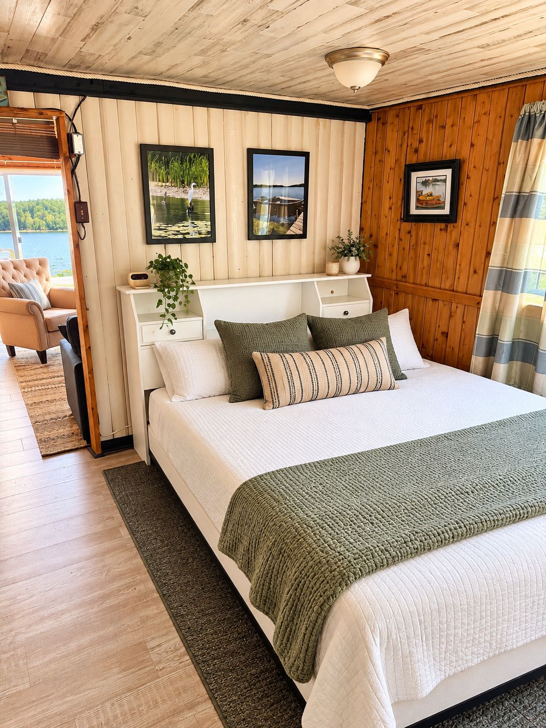 A bedroom with a bed, a nightstand, a lamp, and a view of a lake.