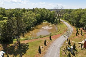Ländliche Landschaft mit einer gewundenen Straße, einem Teich und verschiedenen Bäumen.