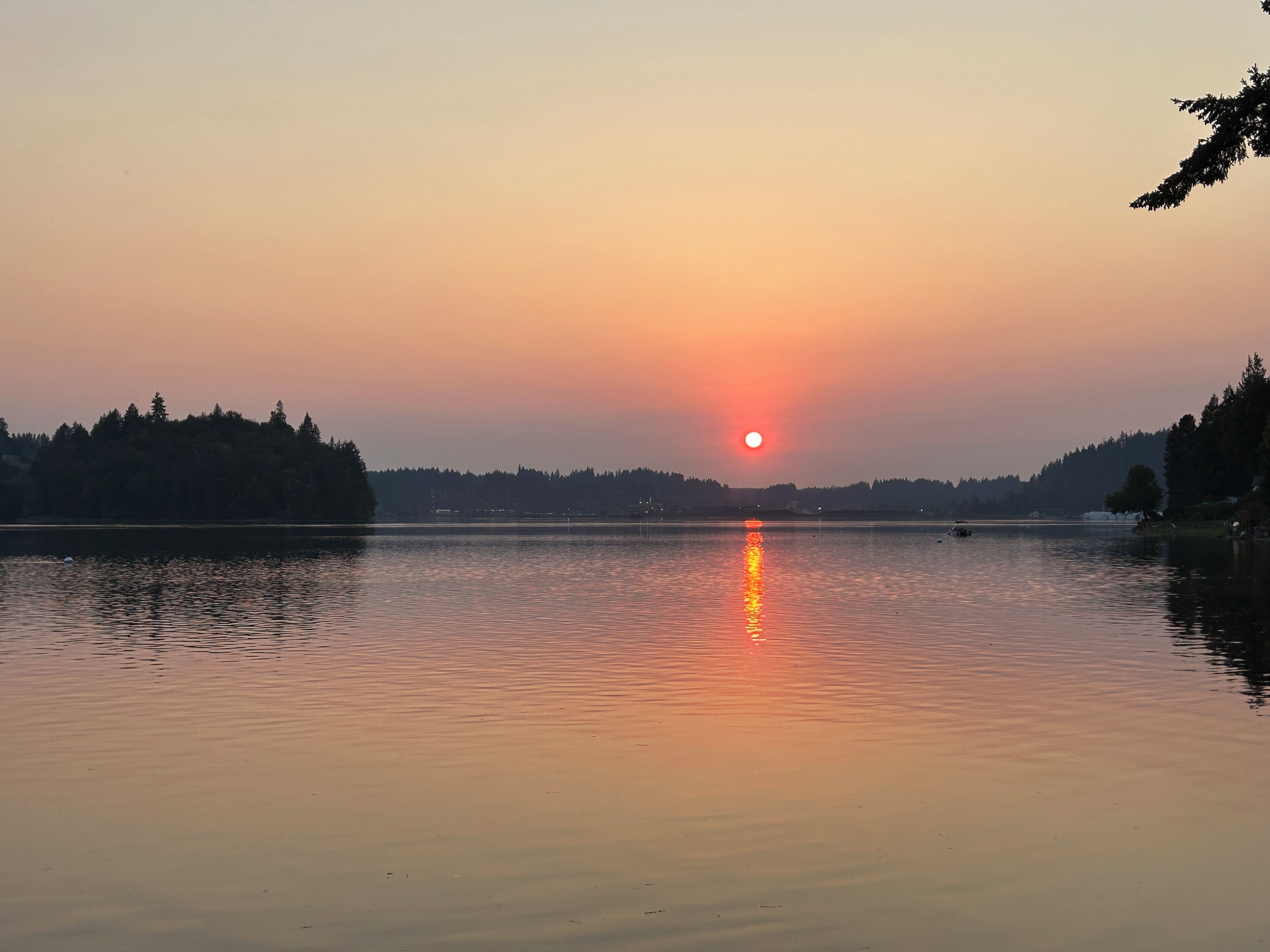 A calm lake at sunset with a visible sun reflection on the water.