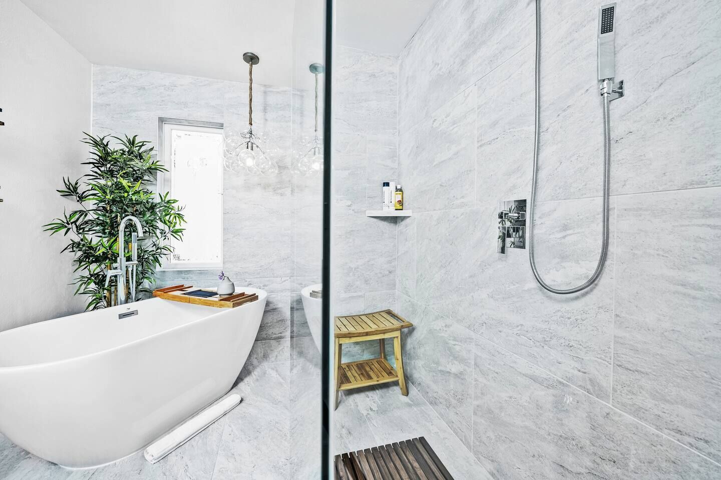 Hair dryer, towels, soap, shampoo
