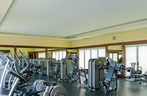 Et fitnesscenter med diverse træningsmaskiner, store vinduer og et højt til loftet.