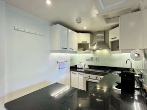 A modern kitchen with white cabinets, a black countertop, stainless steel appliances, and a ceiling-mounted smoke detector. - South Ken Rooftop Loft, Treetop Views, Hyde Park (London)
