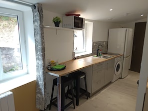 Cocina compacta con microondas, lavabo y lavadora.