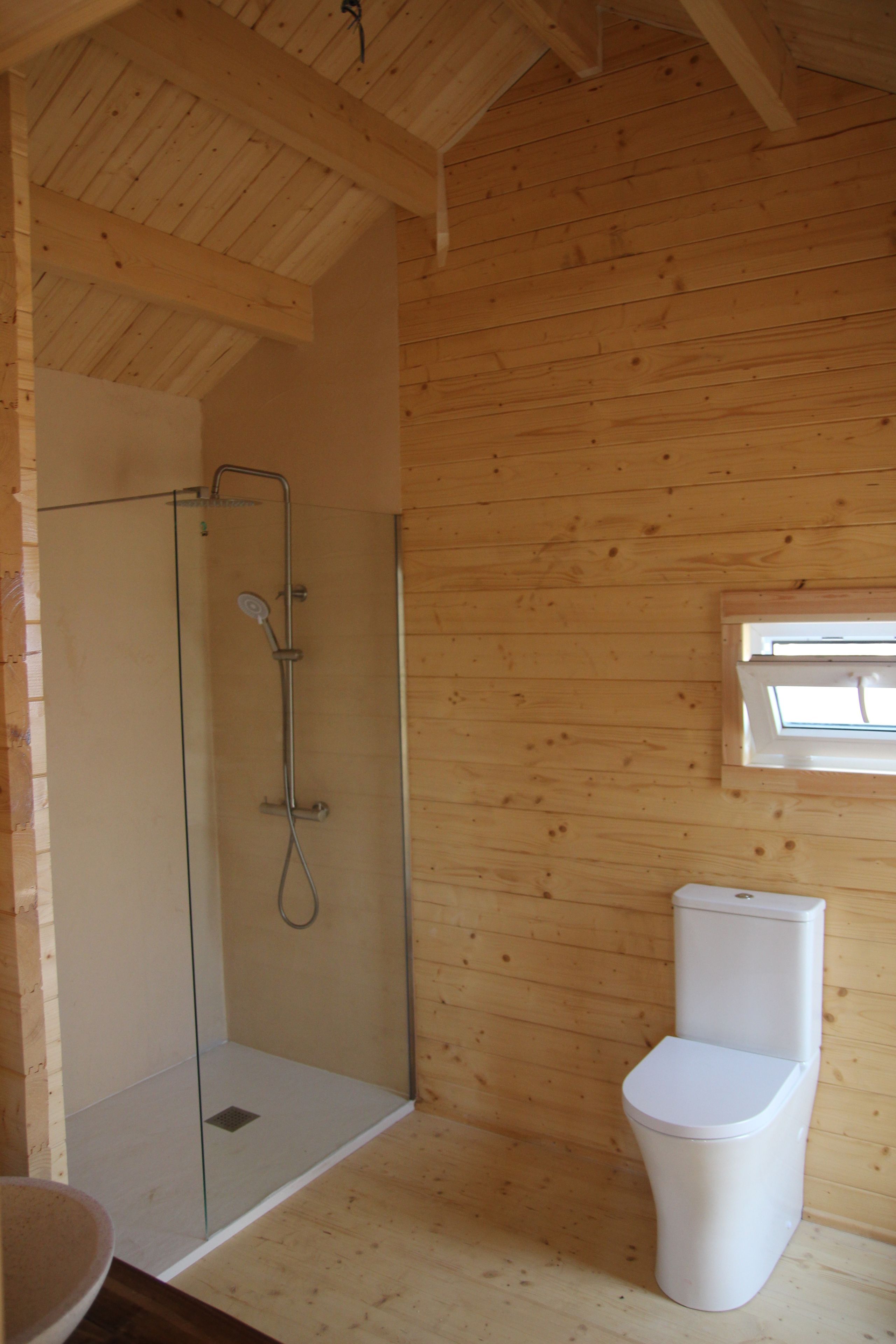 A wooden interior with a glass-enclosed shower, a toilet, and a window.
