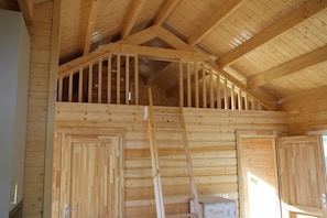 A wooden interior with a loft area, a ladder, and a door.