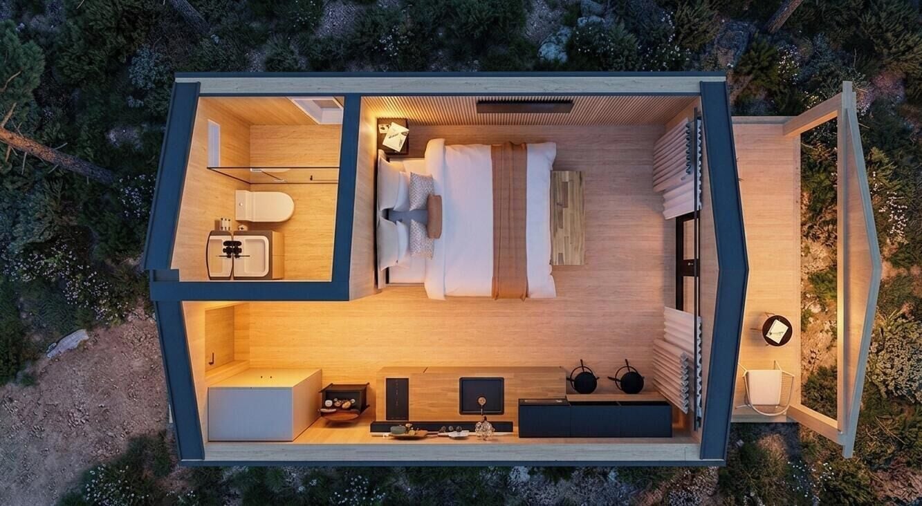 Cabaña Deluxe, 1 cama de matrimonio grande, cocina, vistas a la montaña | Plano