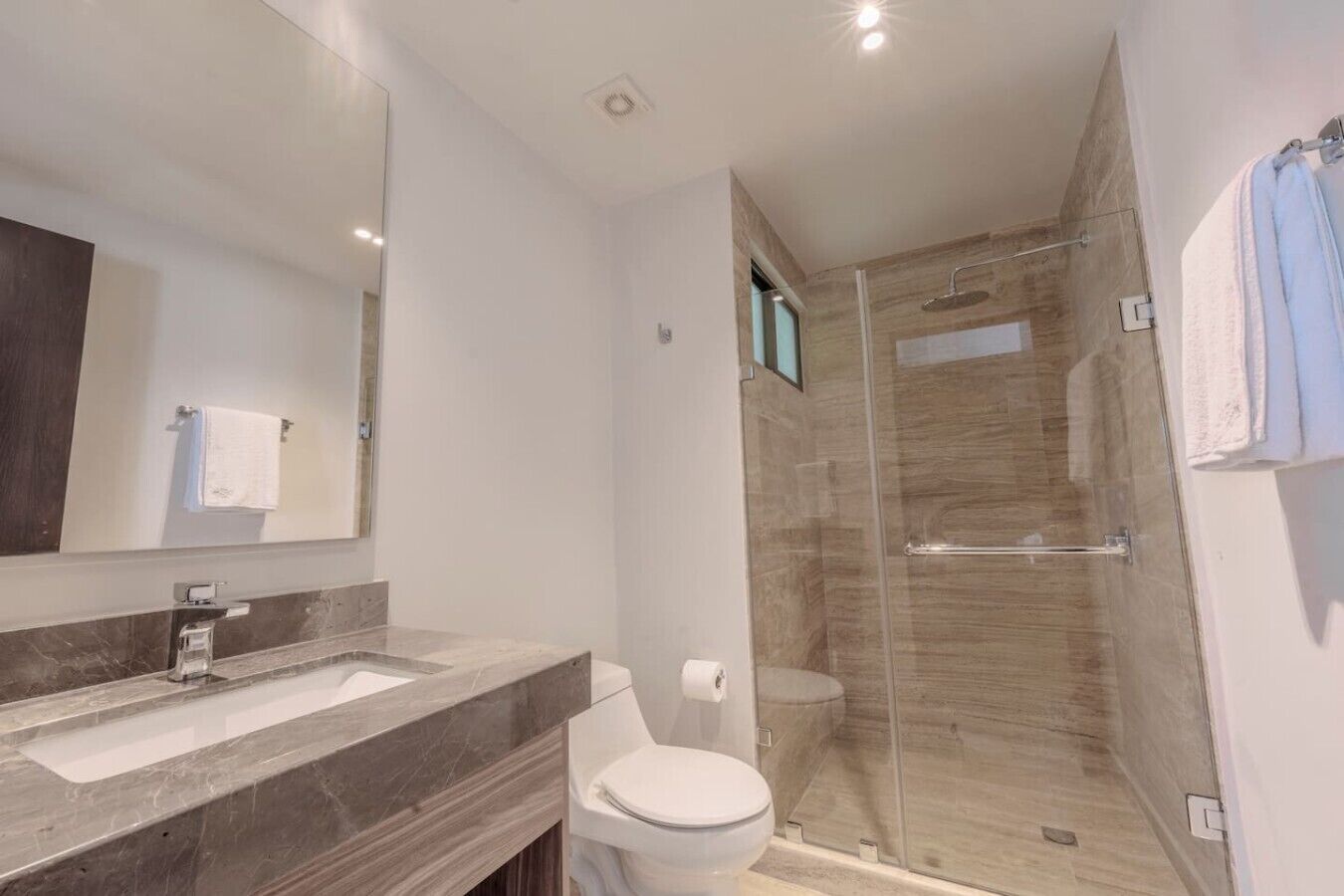 A modern bathroom with a glass-enclosed shower, a marble sink, and a toilet.