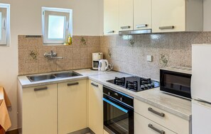 Eine moderne Küche mit Spülbecken, Kaffeemaschine, Mikrowelle und Backofen.