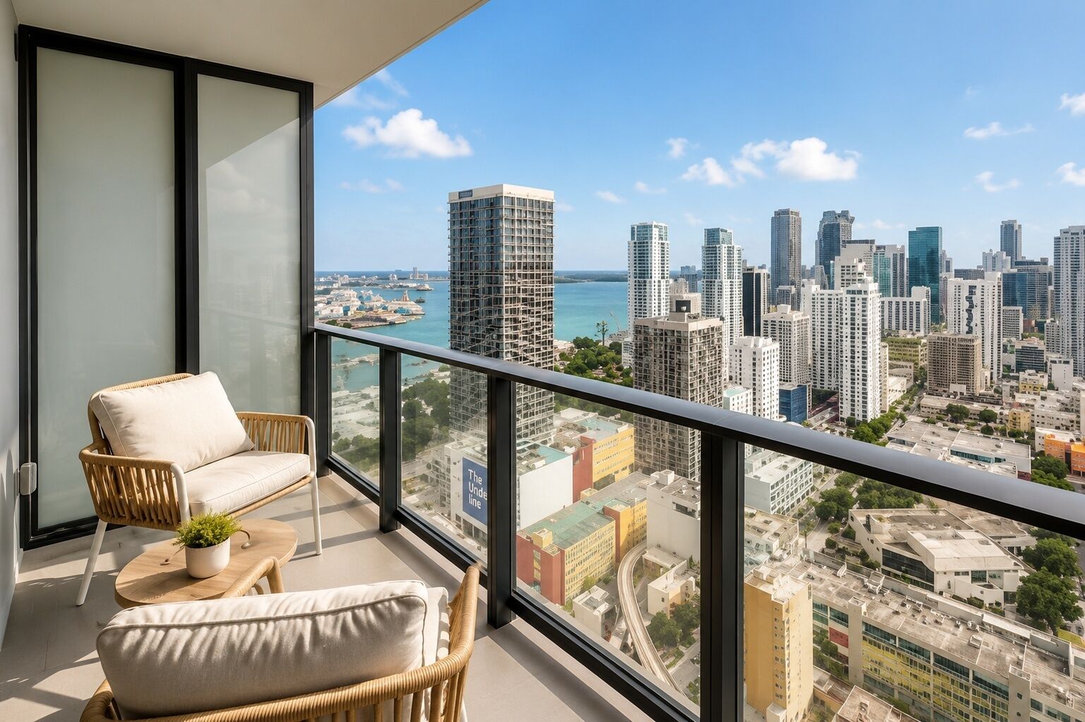 A balcony with wicker furniture and a view of a cityscape with high-rise buildings and a body of water.