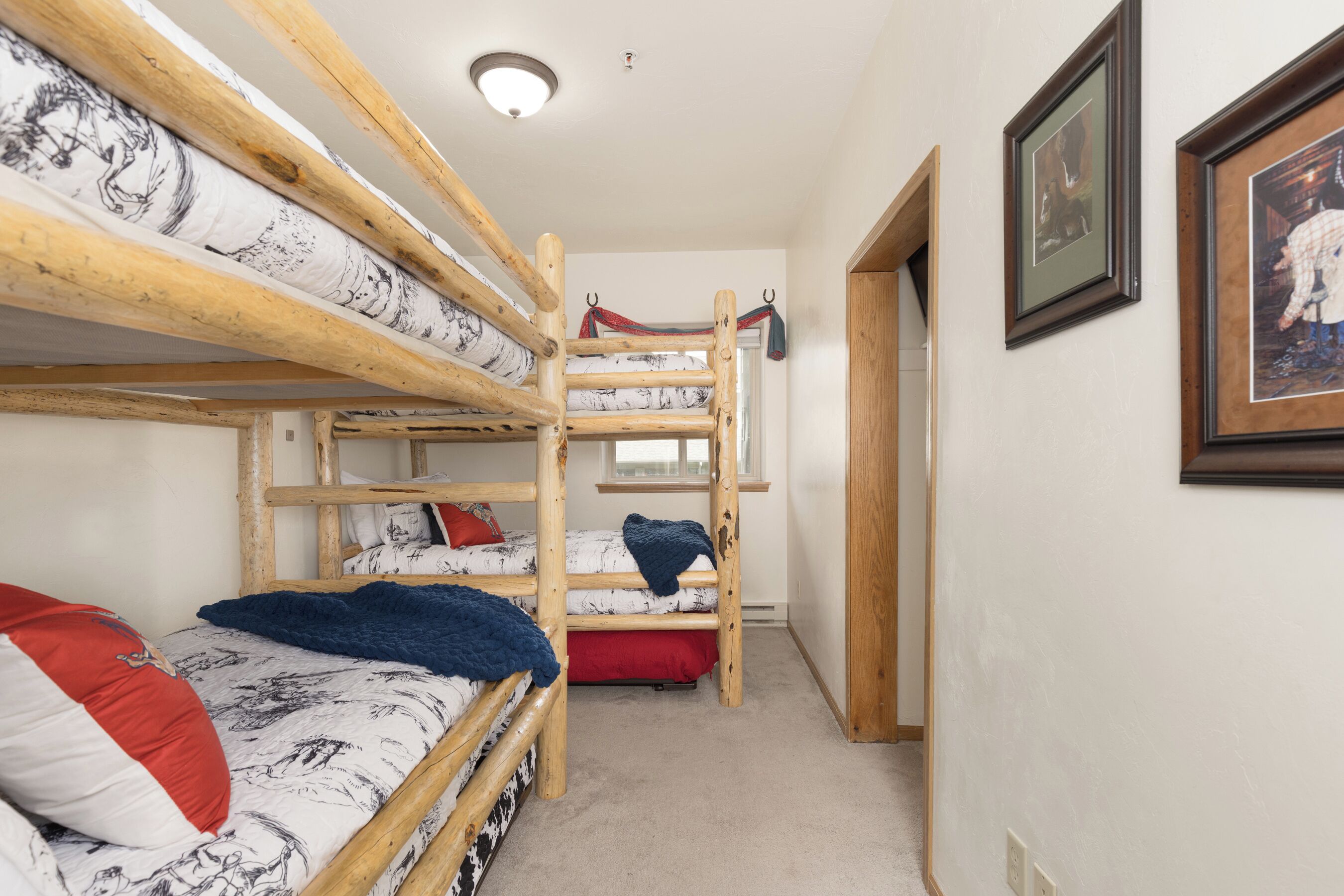 A bunk bed room with a window, a door, and a framed picture on the wall.