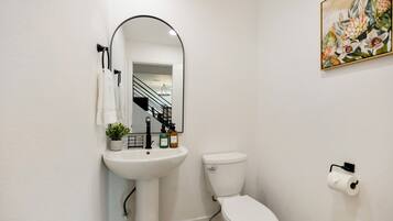 Une salle de bain avec un lavabo blanc, des toilettes et un miroir. On y trouve une plante sur le lavabo, un rouleau de papier toilette accroché au mur et un tableau au-dessus des toilettes.