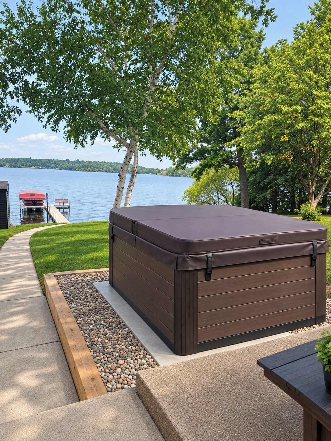 A hot tub in a landscaped outdoor area with a view of a lake and dock.