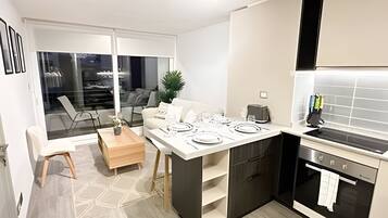 Fridge, microwave, oven, toaster