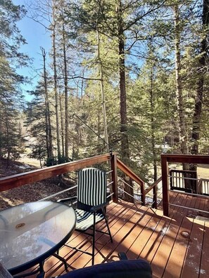 A wooden deck with a glass table and a chair, surrounded by tall trees. - “Peace of the Mountains” (Cloudcroft)
