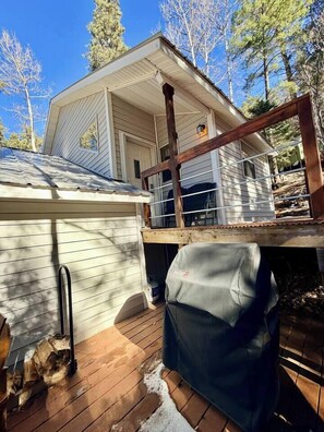 Ett hus med en inglasad veranda, en skorsten och en överbyggd grillplats.