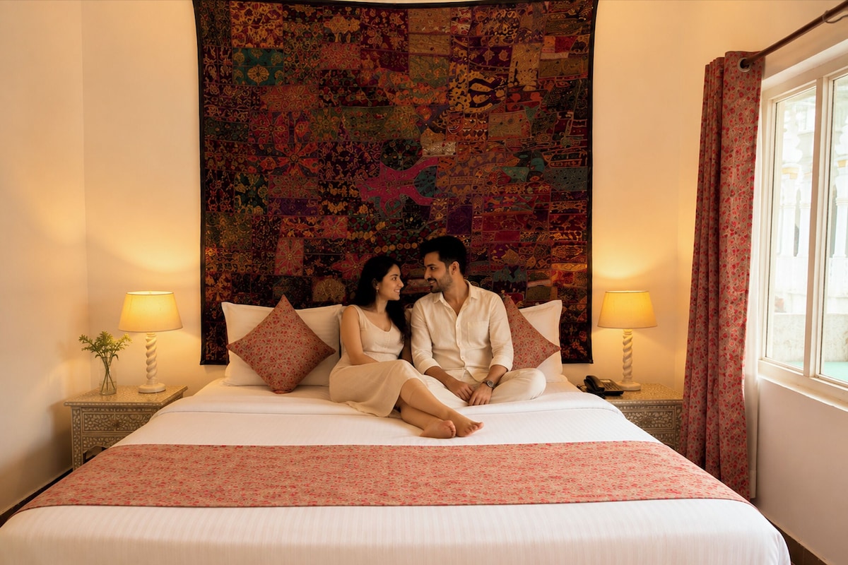 A bed with a patterned bedspread, two pillows, a bedside table with a lamp, and a tapestry on the wall.