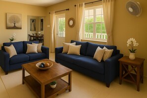 Ein Wohnzimmer mit zwei dunkelblauen Sofas, einem Holztisch als Couchtisch und einem kleinen Beistelltisch mit einem Blumentopf.