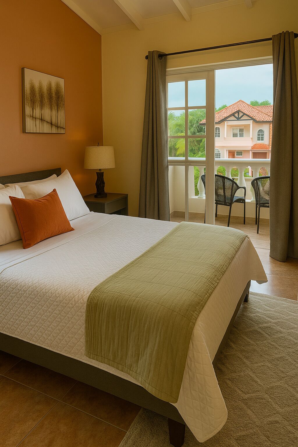 Une chambre d’hôtel avec un lit, une table de chevet, une lampe, une fenêtre avec des rideaux et une vue sur un bâtiment à l’extérieur.