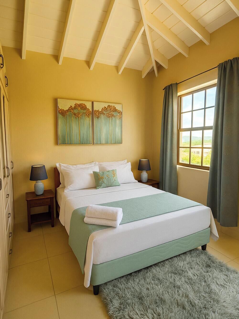 A bedroom with a bed, two bedside tables, a window with curtains, and a painting on the wall.