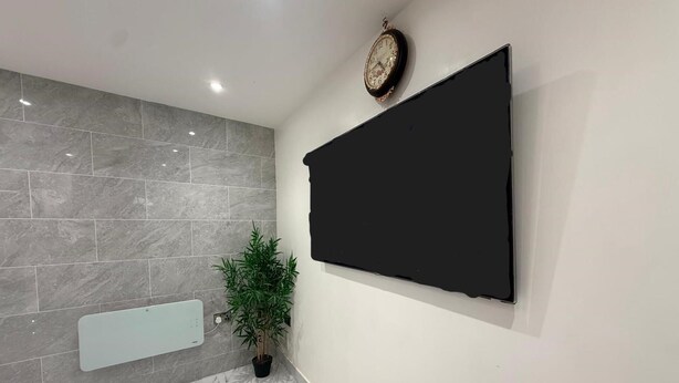 A modern bathroom with a large mirror, a wall-mounted TV, and a potted plant. - Brand New! (Cardiff)
