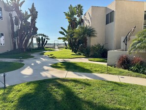 A landscaped courtyard with a pathway, palm trees, and a building with a modern design. - Panoramic Oceanview Townhome ON THE BEACH (Los Angeles)