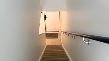 Un escalier recouvert de moquette, doté d’une rampe et d’une porte en haut.