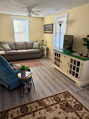 A living room with a sofa, a blue armchair, a coffee table, a cabinet, and a ceiling fan. - Skip's Riverside Hideaway
Cozy 1-bedroom house in serene Conway, SC (Conway)