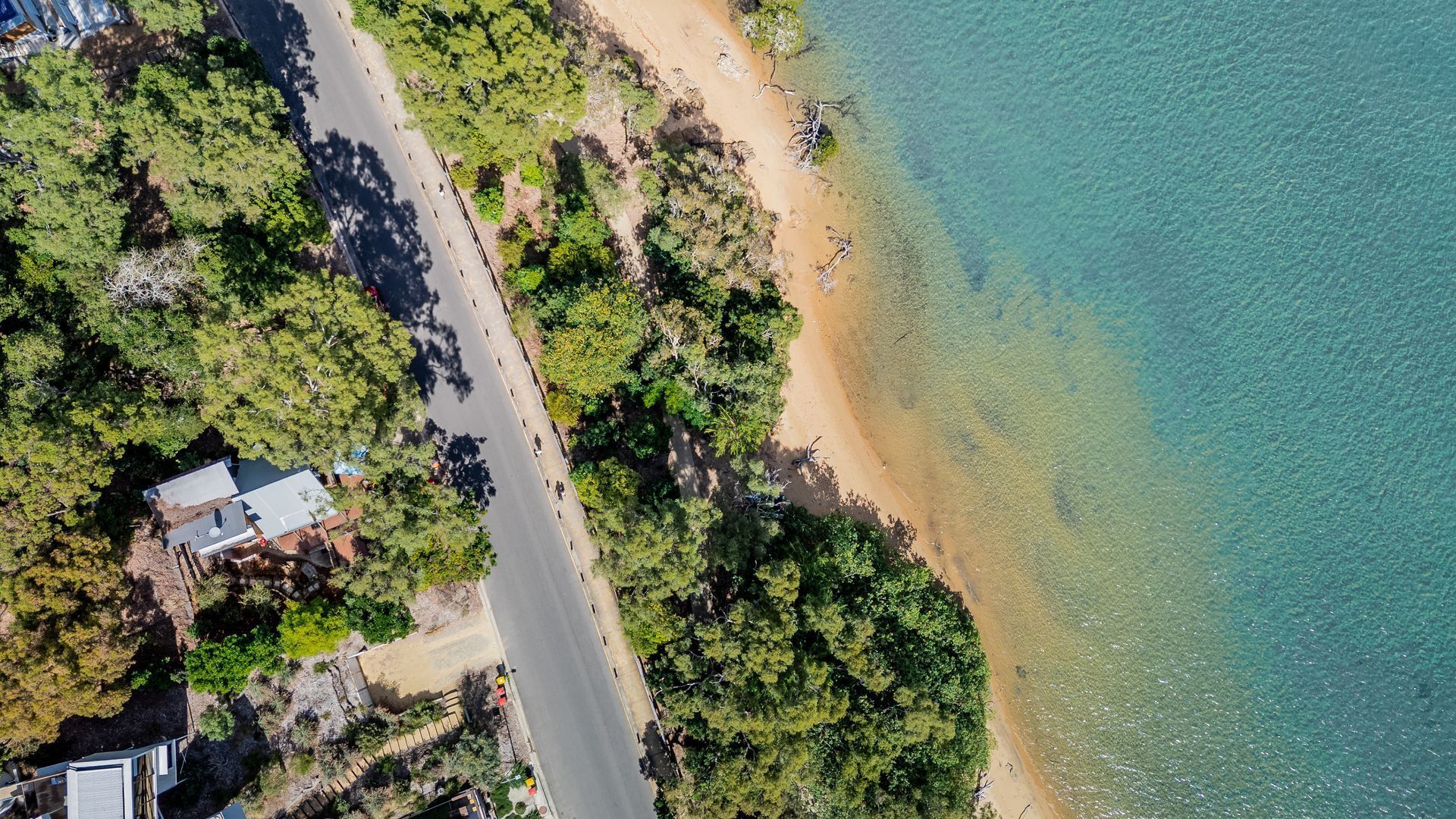 An aerial view of a coastal area with a road, beach, and dense greenery.