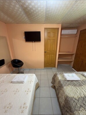 Una habitación con dos camas, televisión, puerta y una silla.