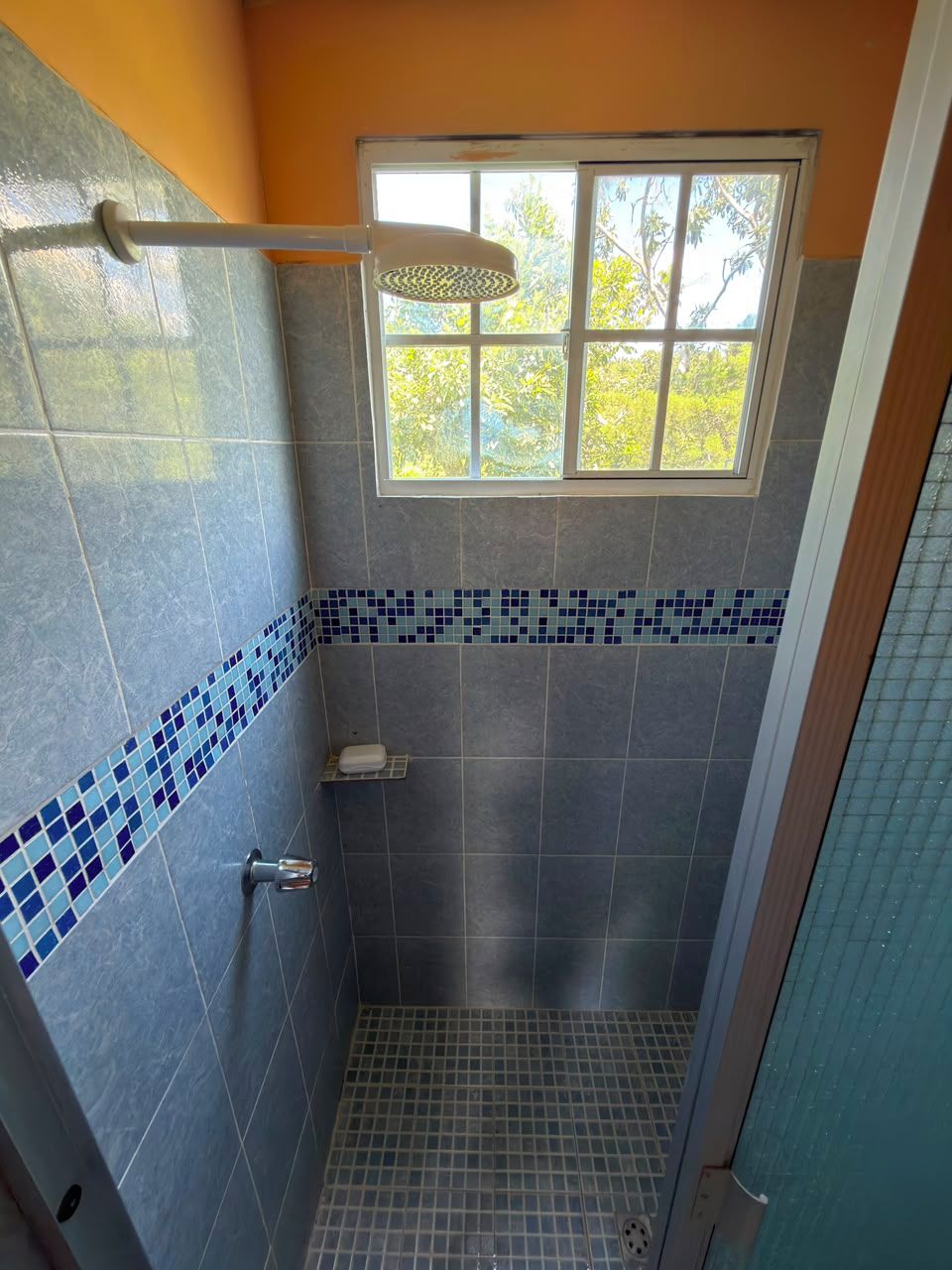 Une douche avec une fenêtre, des murs carrelés et un pommeau de douche en métal.
