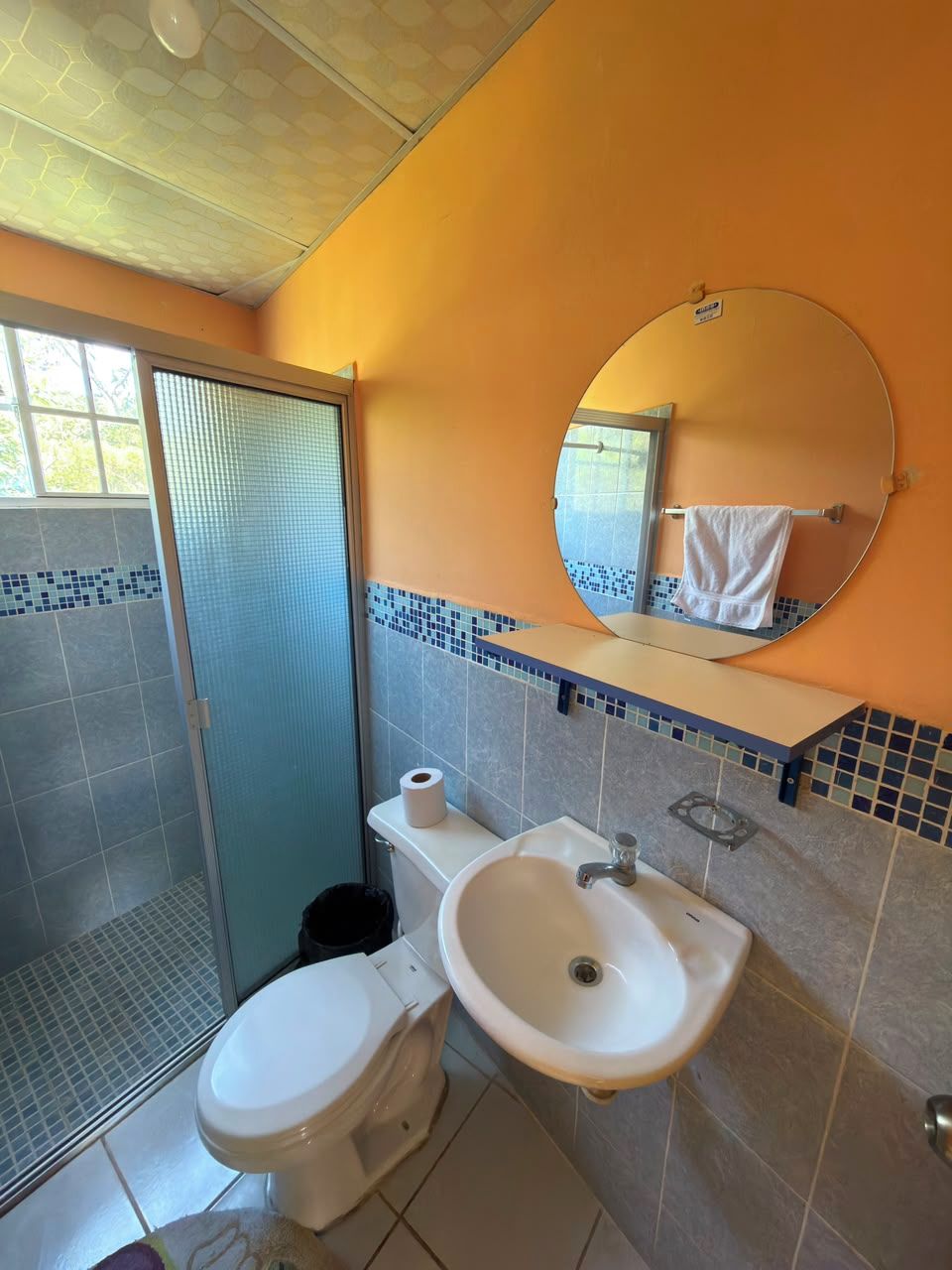 A bathroom with a toilet, sink, and shower area.