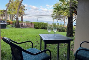 Une terrasse avec deux chaises, une table et deux verres contenant un liquide transparent, probablement de l’eau ou une boisson, avec vue sur l’océan et une zone herbeuse bordée d’arbres.