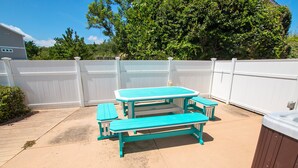 An outdoor patio with a picnic table and benches. - Oceanside-Priv Pool, Htub, Resort Access -133, I SEA the Light (Corolla)