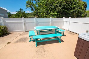 An outdoor patio with a picnic table and benches. - Oceanside-Priv Pool, Htub, Resort Access -133, I SEA the Light (Corolla)