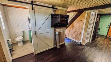 A room with a sliding door leading to a bathroom, a wooden floor, and a green door.