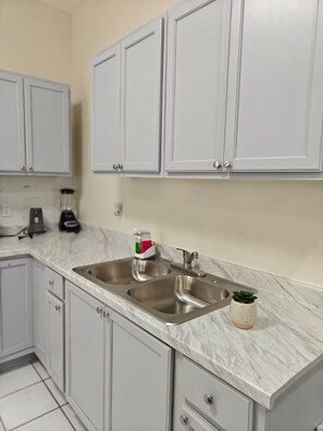 A kitchen with white cabinets, a double sink, a blender, and a small potted plant. - Bugambilias Apartment (Laredo)