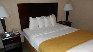 Una habitación de hotel con una cama, dos mesitas de noche, un teléfono y una lámpara.