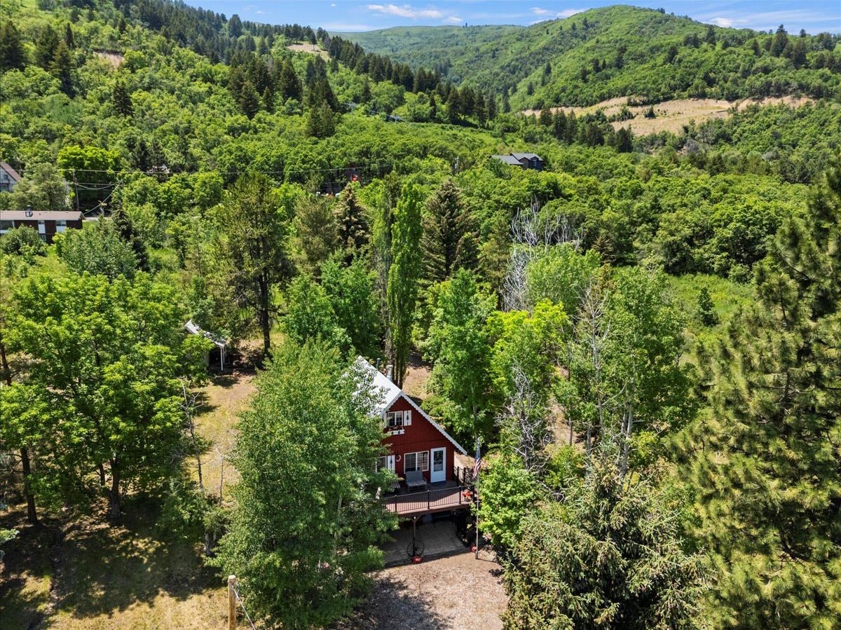 Une maison rouge, entourée d’une forêt dense, sous un ciel dégagé.