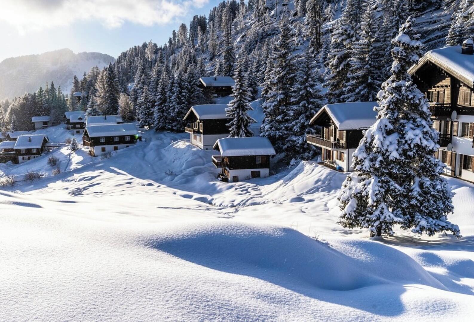 Ein mit Schnee bedecktes Chalet mit mehreren Hütten, umgeben von dichtem Wald und Bergen.