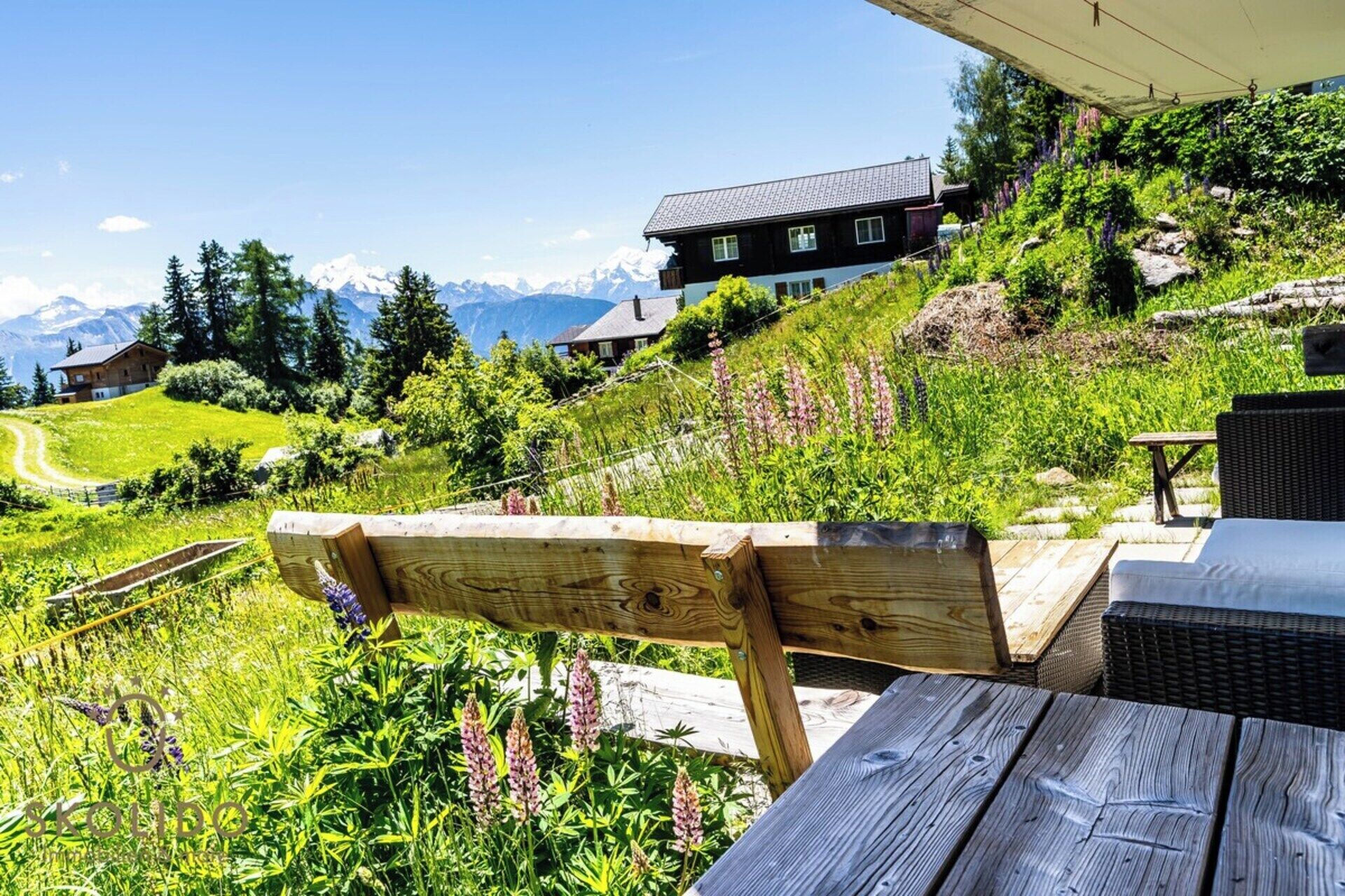 Un banc et une table en bois dans un jardin offrant une vue sur la montagne.