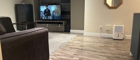 A modern living room with a flat-screen TV, a gray sofa, a wooden floor, and a white air conditioner.