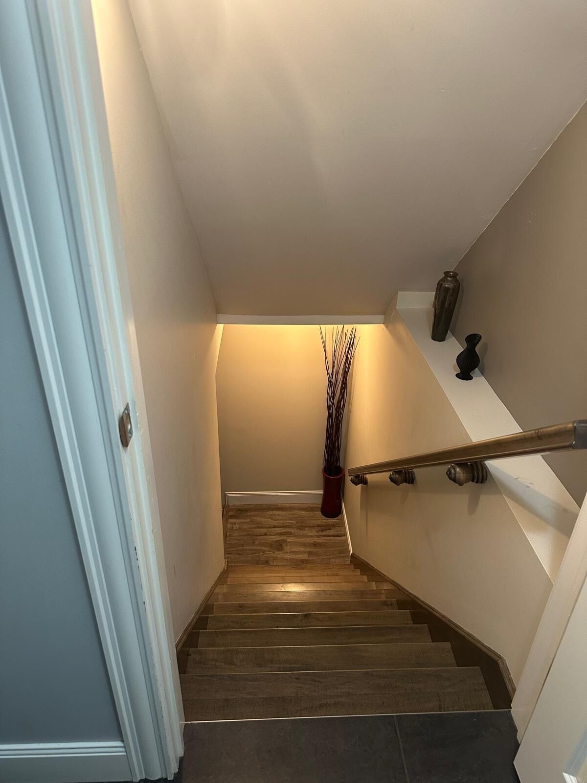 A staircase with a handrail, a vase, and a plant on the landing.