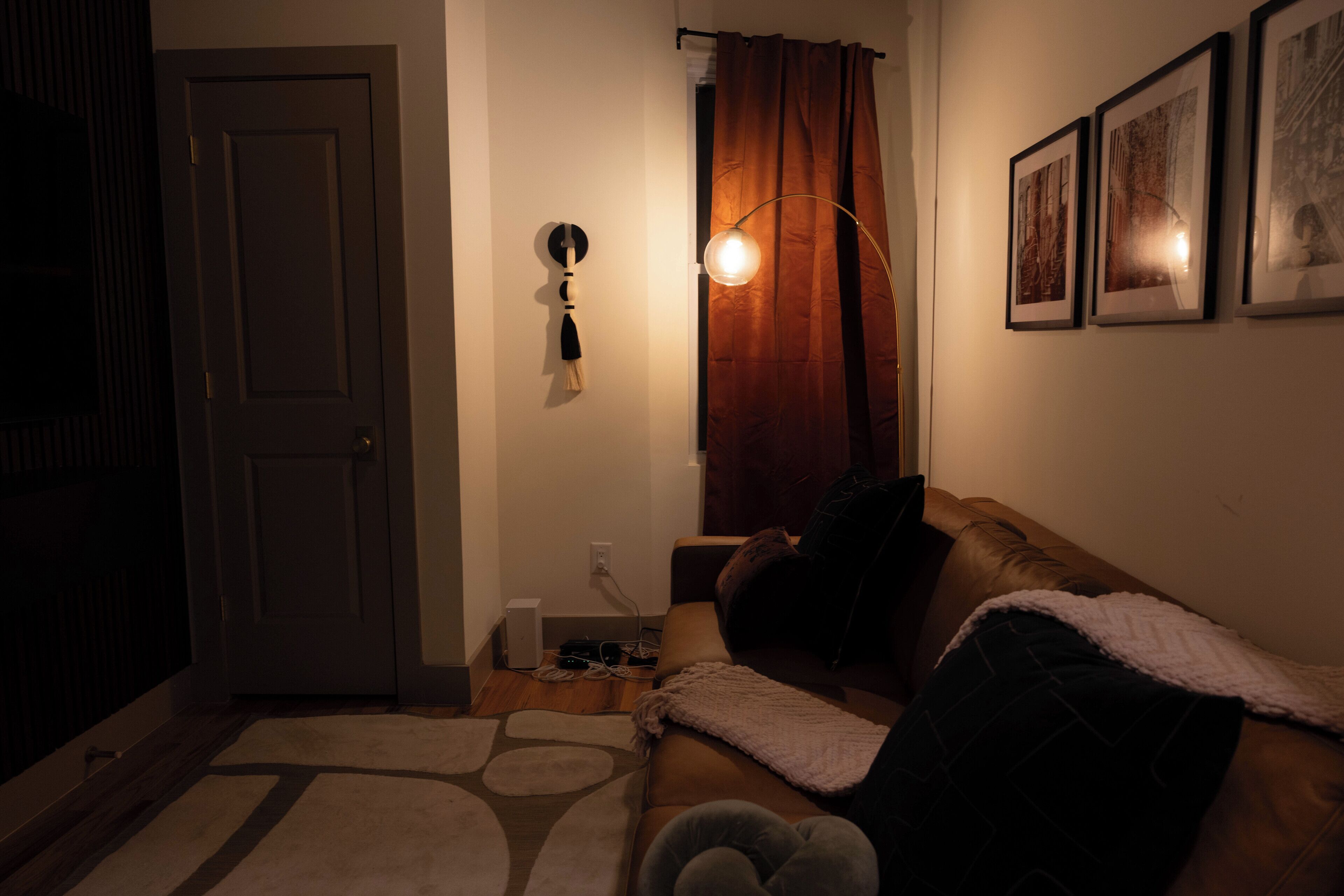 A dimly lit room with a closed door, a standing lamp, a couch with a blanket, and a wall-mounted picture frame.