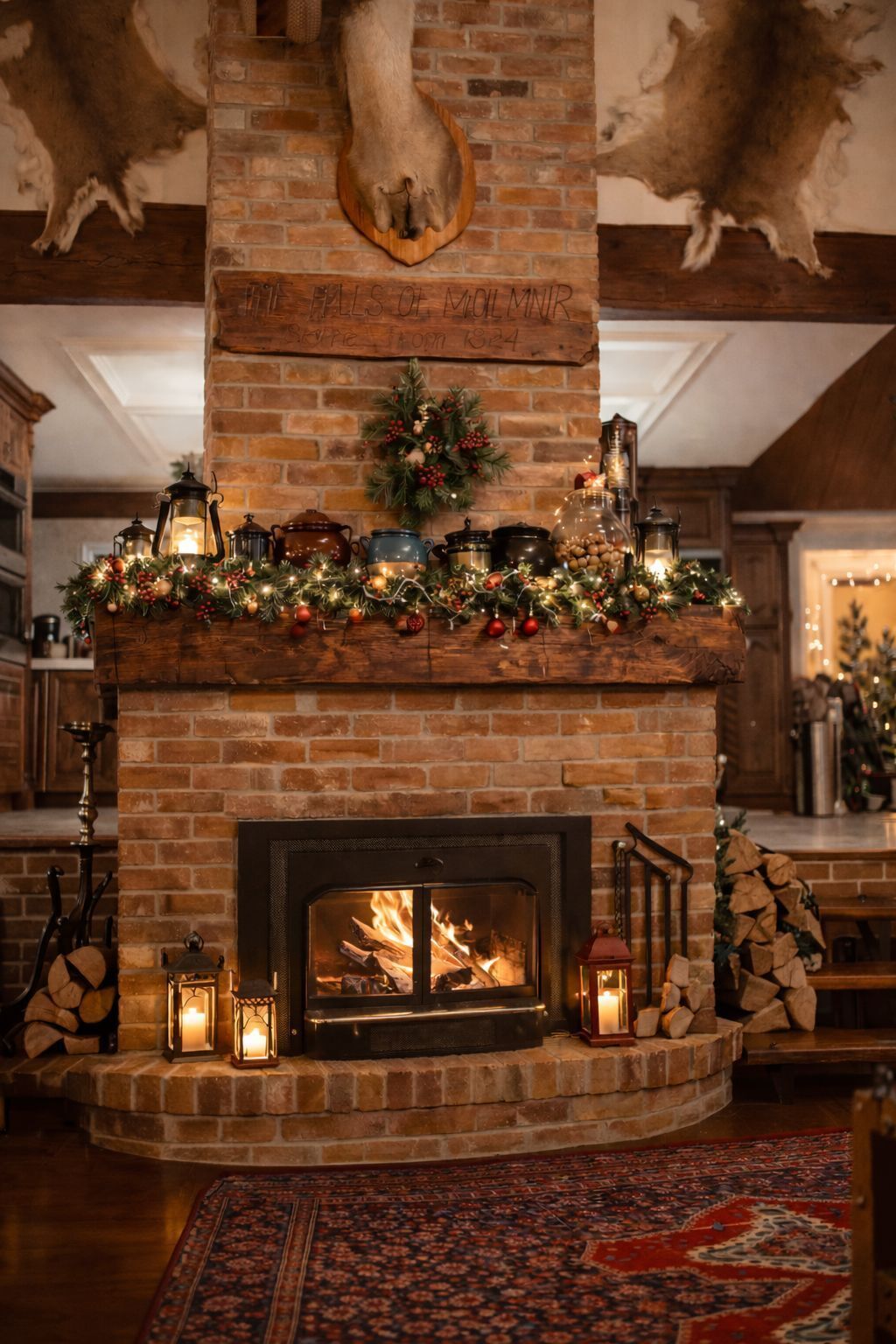 Une cheminée avec un manteau en briques, un feu de bois et une couronne de Noël.