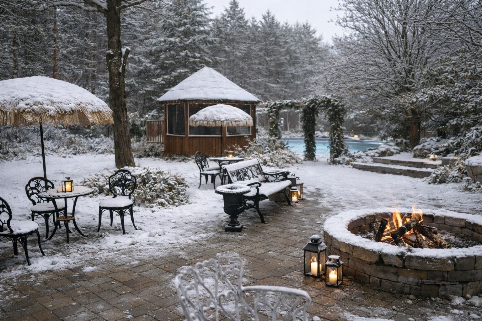 Un patio exterior cubierto de nieve con asientos y un brasero.